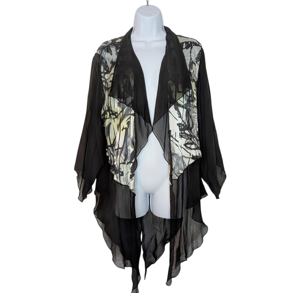 Simply Silk Jackets & Blazers - Simply Silk Black With Iridescent Green, Gray, White And Yellow Shimmer Kimono